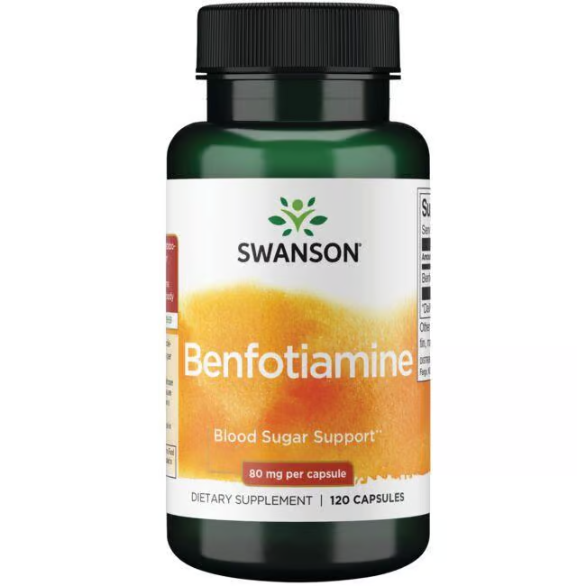 A bottle of Swanson Benfotiamine (Vitamin B1), consisting of 120 capsules with 80 mg per capsule, is marketed for blood sugar support.