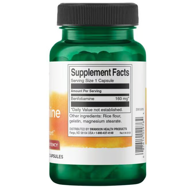 A green "Swanson Vitamin B-1 Benfotiamine" bottle lists 160 mg per capsule to support glucose metabolism, containing rice flour, gelatin, and magnesium stearate.