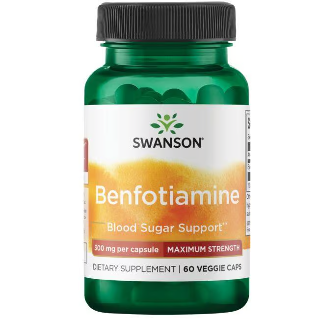 A green bottle of Swanson Benfotiamine (Vitamin B1) contains 60 veggie capsules, each with 300 mg, designed for energy production and blood sugar support in a highly absorbable form.