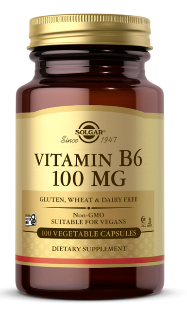 Solgar's Vitamin B6 100 mg 100 vegetable capsules is a beneficial supplement that contains pyridoxine.