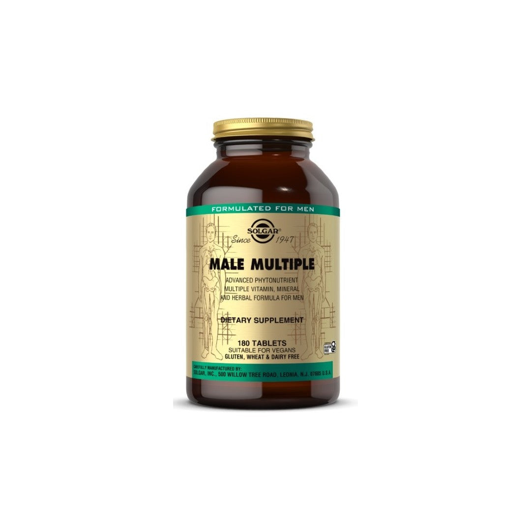 Un frasco de Solgar Male Multiple Multivitamins & Minerals for Men 180 Tablets sobre fondo blanco.