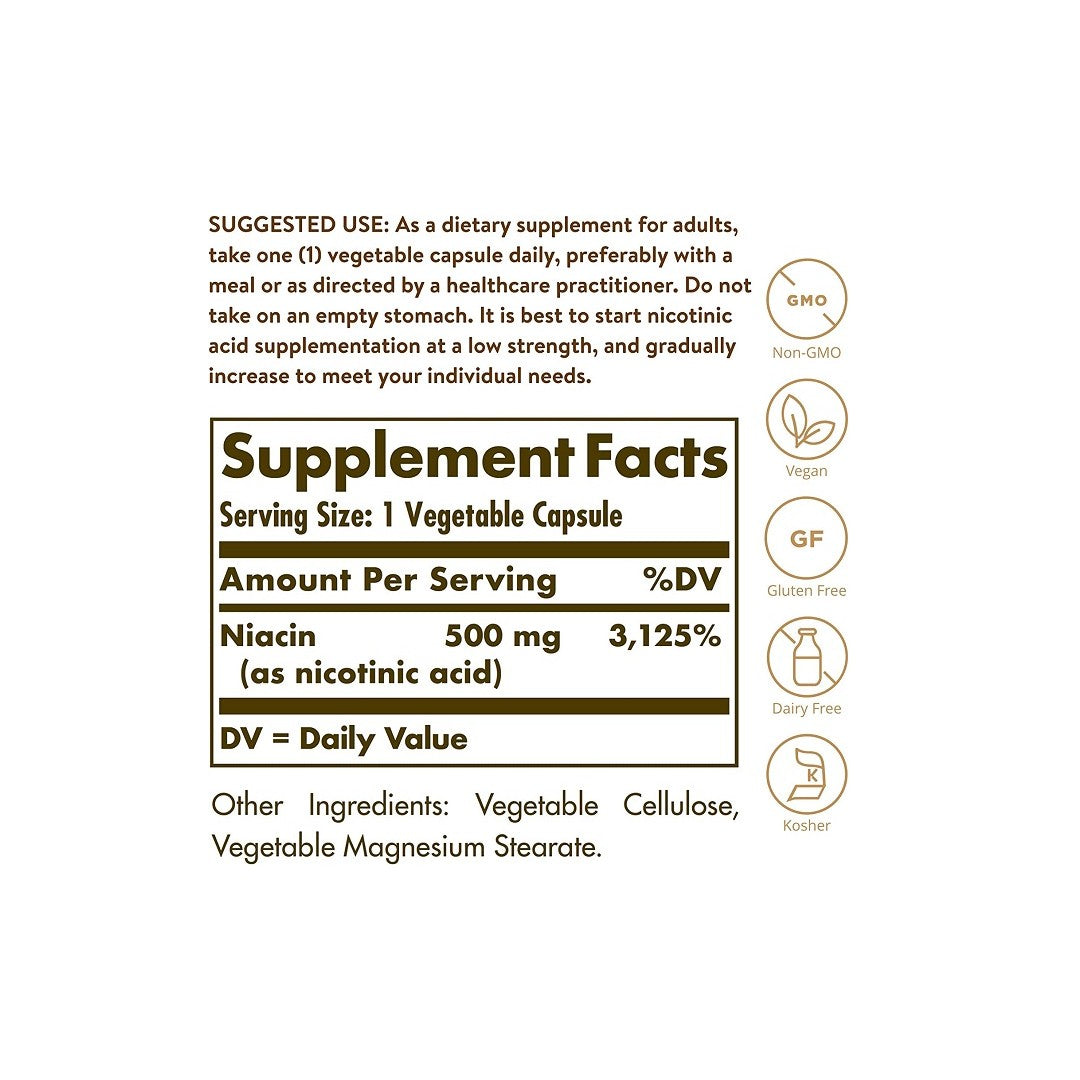 Etiqueta Solgar que muestra los ingredientes de la Niacina Vitamina B3 500 mg 100 Cápsulas Vegetales, un suplemento que favorece la salud cardiovascular.
