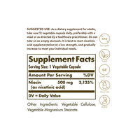 Miniatura de Una etiqueta de Solgar que muestra los ingredientes de la Niacina Vitamina B3 500 mg 100 Cápsulas Vegetales, un suplemento que promueve la salud cardiovascular.