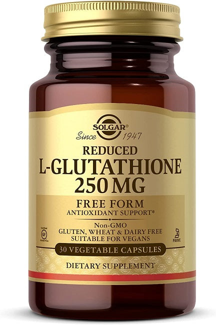 L-Glutatión reducido 250 mg 30 Cápsulas vegetales de Solgar es un potente antioxidante que contiene aminoácidos. Cada porción aporta 250 mg de este nutriente esencial.