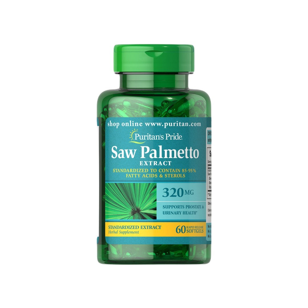 Saw Palmetto 320 mg 60 Cápsulas blandas de liberación rápida de Puritan's Pride para mejorar la salud de la próstata y el flujo del tracto urinario.