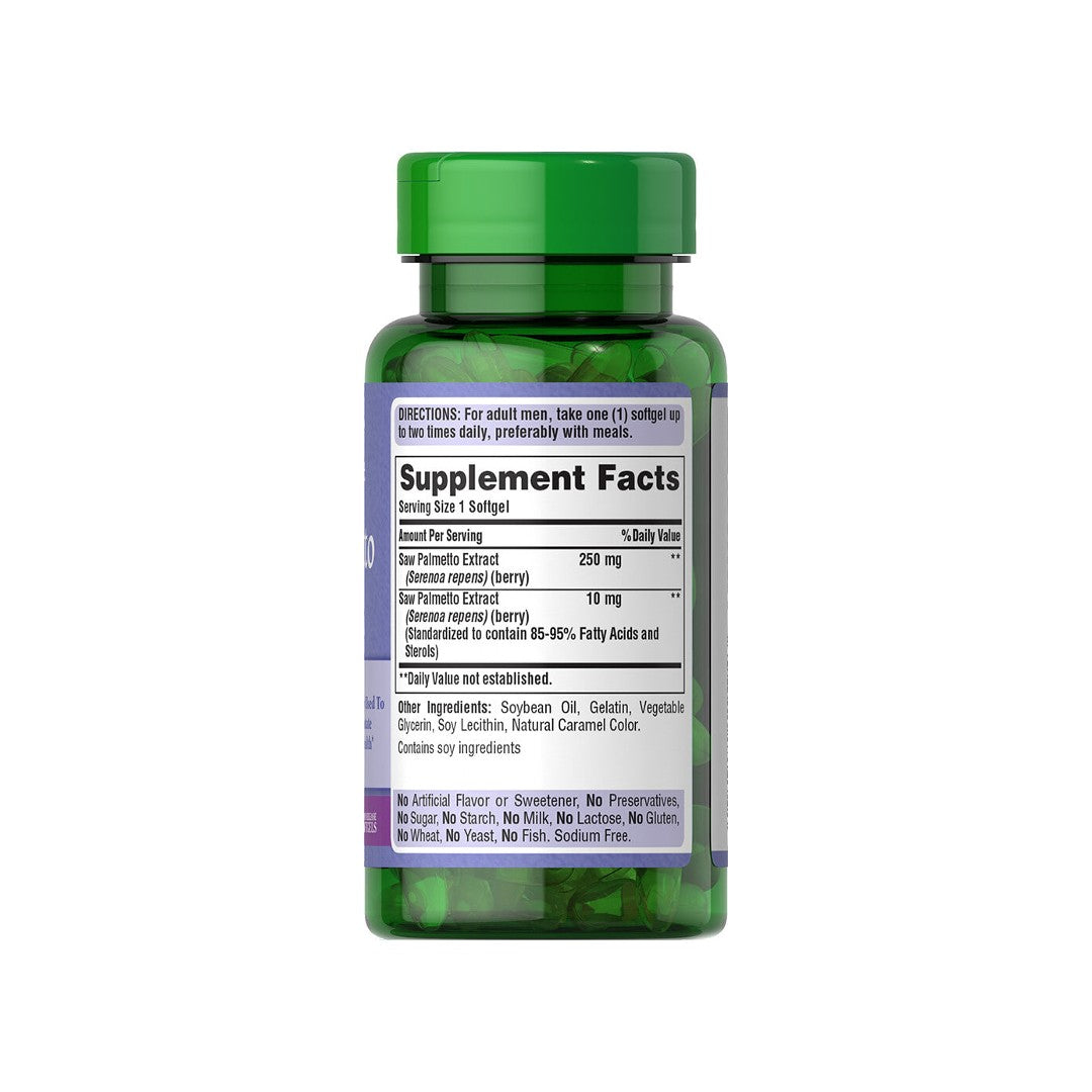 El reverso de un frasco de Extracto de Saw Palmetto 1000 mg 90 Cápsulas blandas para promover la salud de la próstata, de Puritan's Pride.
