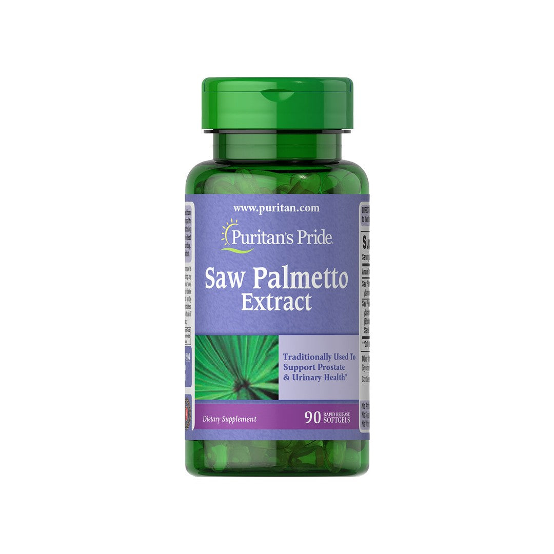 Un frasco de Extracto de Saw Palmetto 1000 mg 90 Cápsulas Blandas, beneficioso para la salud de la próstata y la función urinaria por Puritan's Pride.