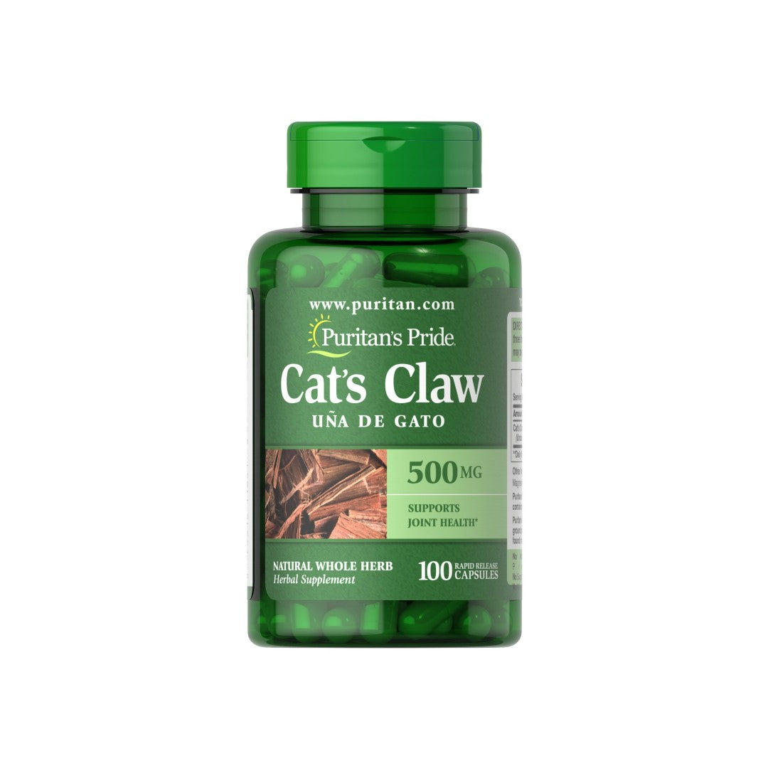 Un frasco de Puritan's Pride Cats Claw - 500 mg 100 cápsulas.