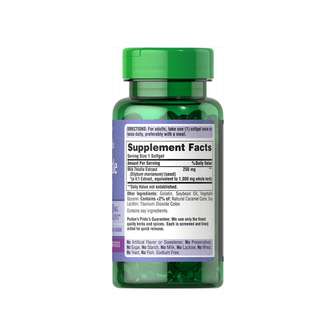 Un frasco del suplemento Puritan's Pride Cardo mariano 1000 mg 4:1 extracto Silimarina 90 cápsulas blandas de liberación rápida.