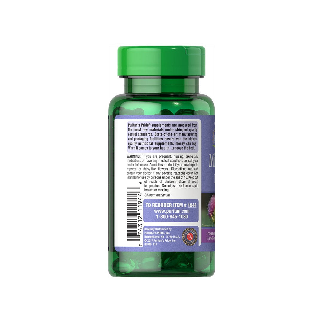 El reverso de un frasco de Puritan's Pride Cardo mariano 1000 mg 4:1 extracto Silimarina 90 cápsulas blandas de liberación rápida.