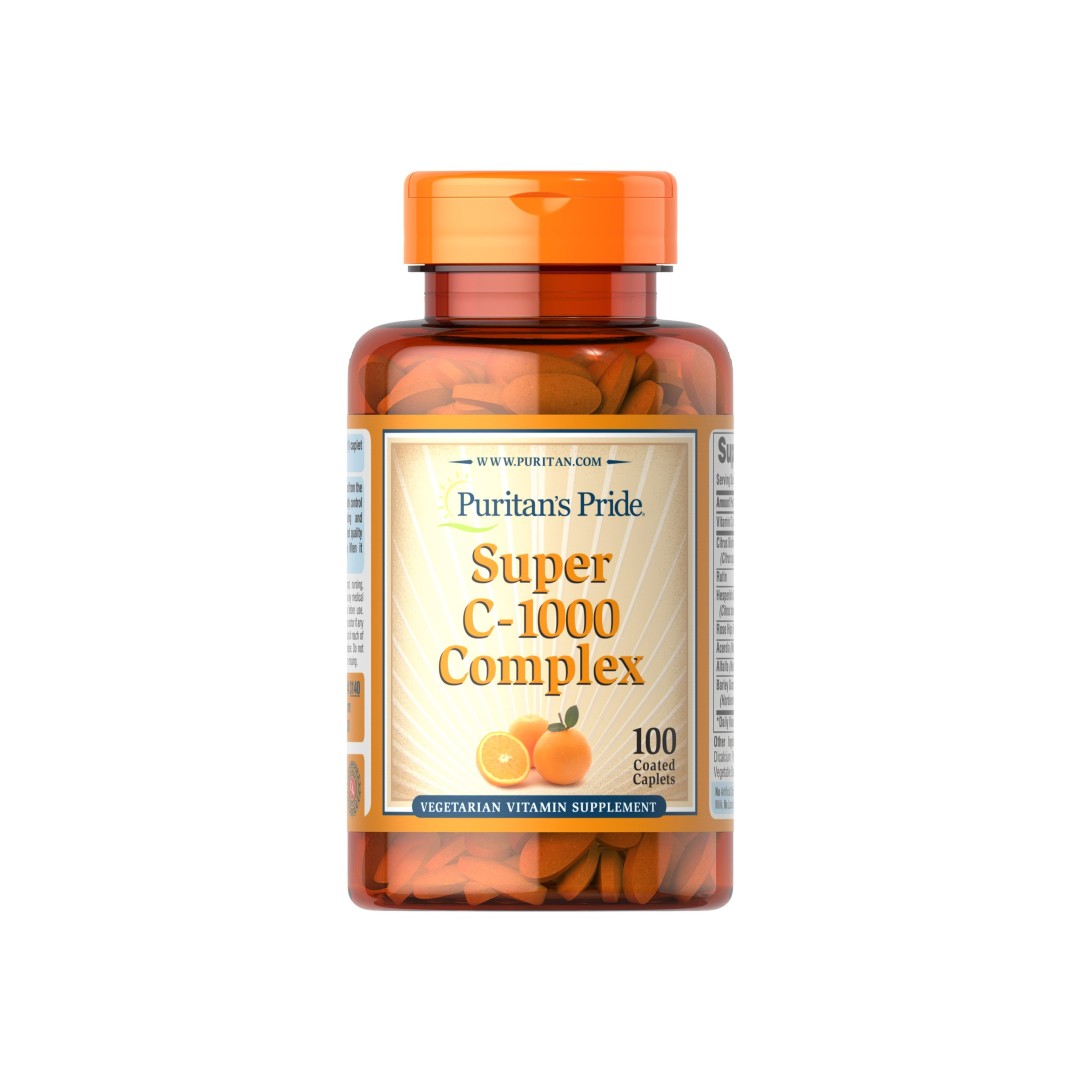 A bottle of antioxidant-rich Puritan's Pride Vitamin C-1000 Complex 100 coated caplets, fortified with immune system-boosting vitamin C.