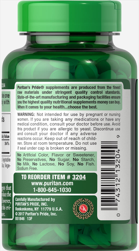 El reverso de un frasco de Puritan's Pride Selenio 200 mcg 200 cápsulas blandas, favorece la función tiroidea y la salud del sistema inmunitario con antioxidantes.