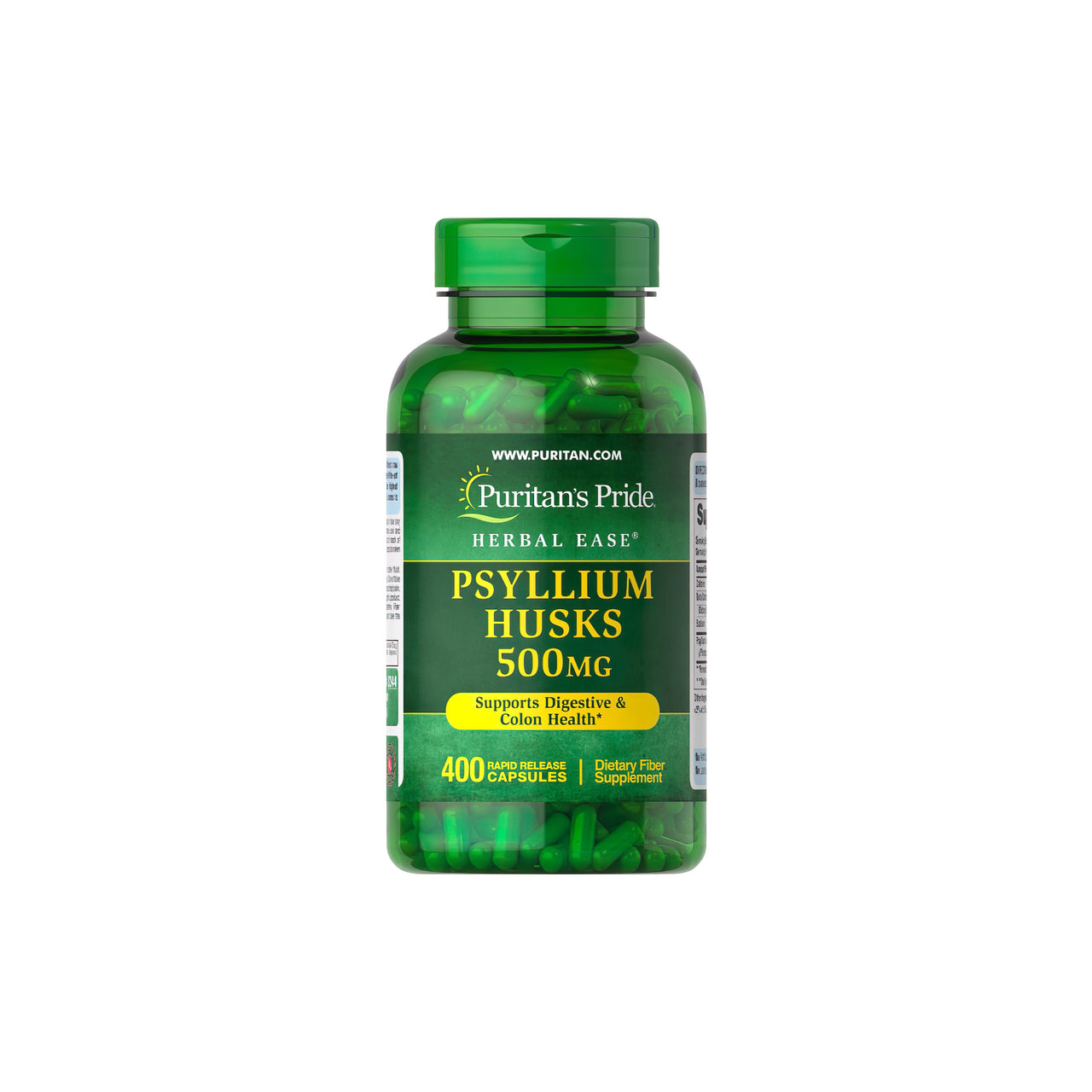 Un frasco de Puritan's Pride Cáscaras de Psilio 500 mg 400 Cápsulas de liberación rápida, conocidas por su contenido en fibra soluble que favorece la salud digestiva y del colon.