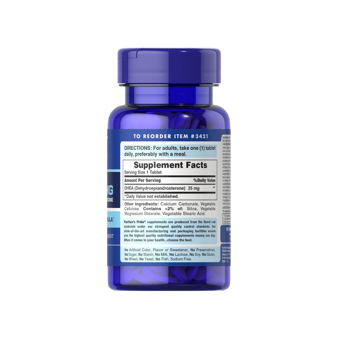 Un frasco de DHEA - 25 mg 100 comprimidos con etiqueta azul. (Nombre de marca: Puritan's Pride)