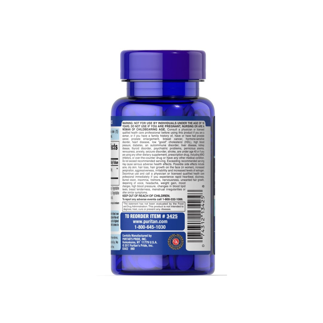 La parte posterior de una botella azul con una etiqueta de DHEA - 25 mg 250 tabs por Puritan's Pride.