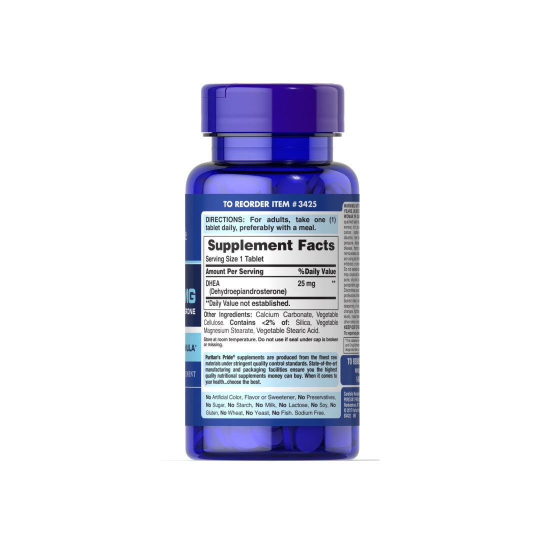 Una botella de Puritan's Pride DHEA - 25 mg 250 tabletas suplementos sobre un fondo blanco.