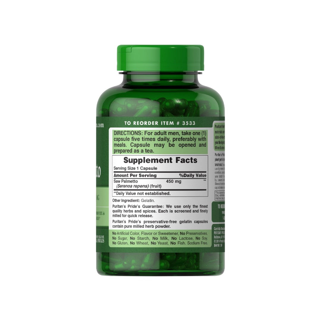 Un frasco de extracto de té verde, enriquecido con Puritan's Pride Saw Palmetto 450 mg 200 Cápsulas de liberación rápida para la salud de la próstata y la mejora de la función urinaria.