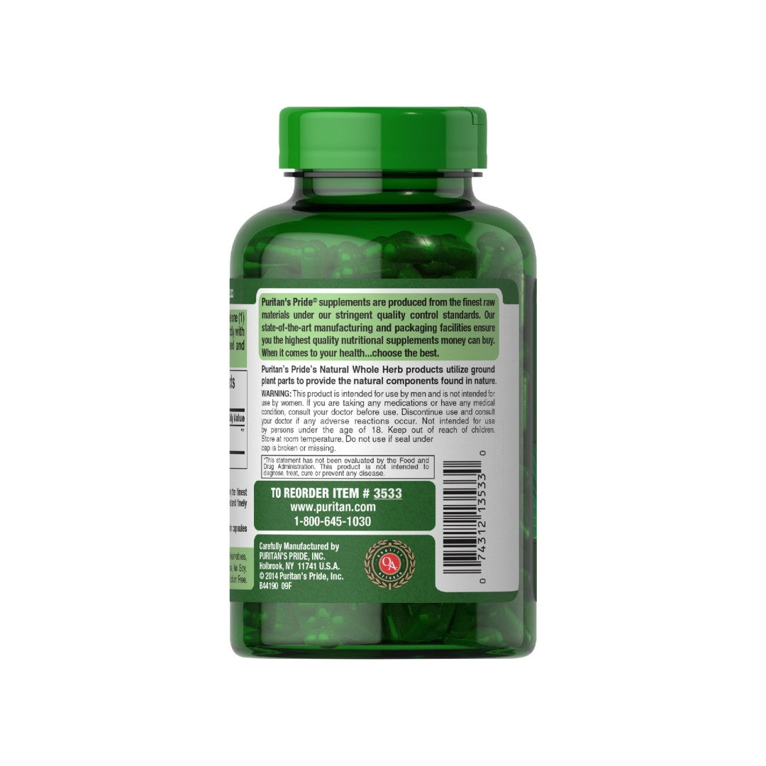 El reverso de un frasco de Saw Palmetto 450 mg 200 Cápsulas de Liberación Rápida, promocionando sus beneficios para la salud de la próstata y la función urinaria, presentado por Puritan's Pride.