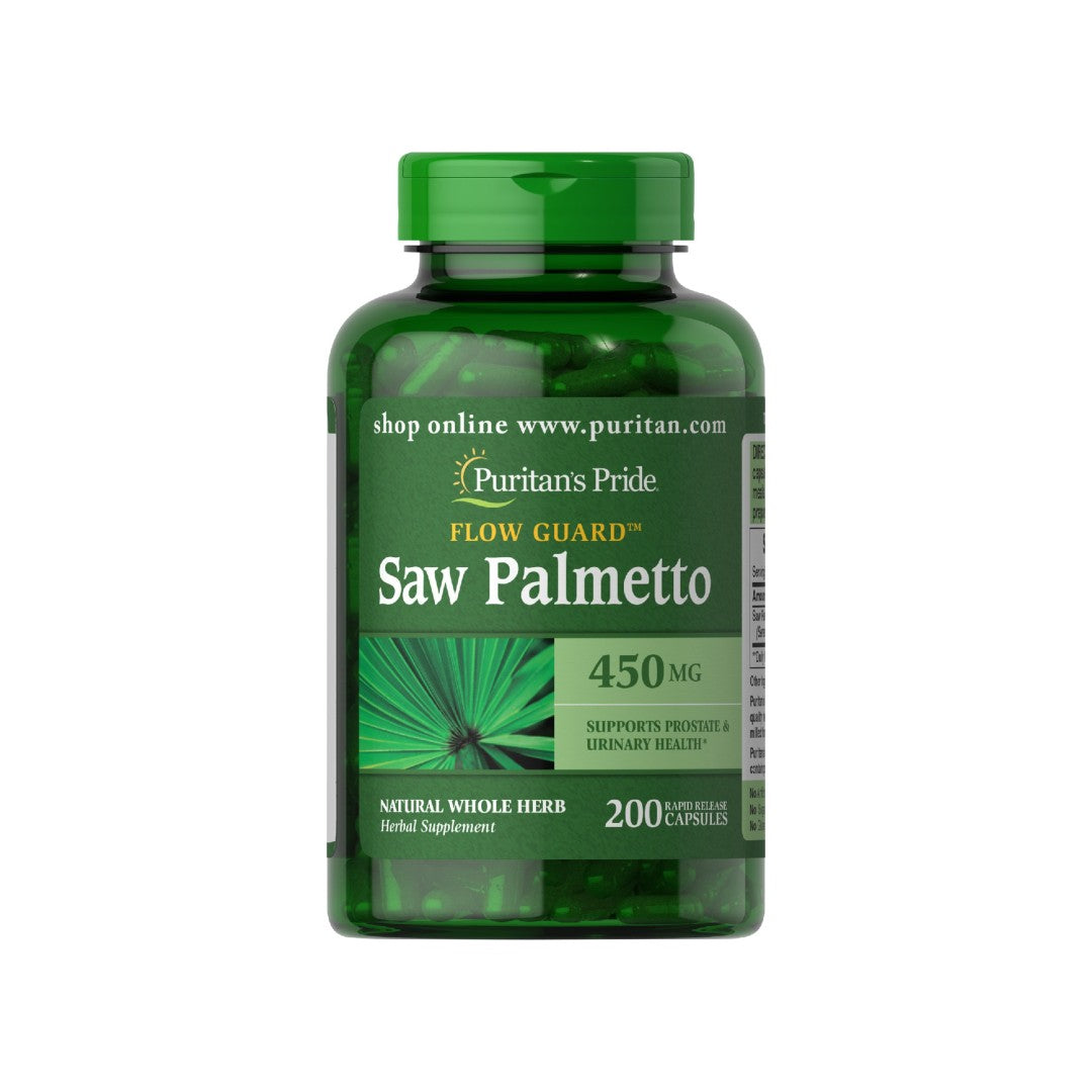 Un frasco de Puritan's Pride Saw Palmetto 450 mg 200 Cápsulas de liberación rápida, que favorece la función urinaria y la salud de la próstata.