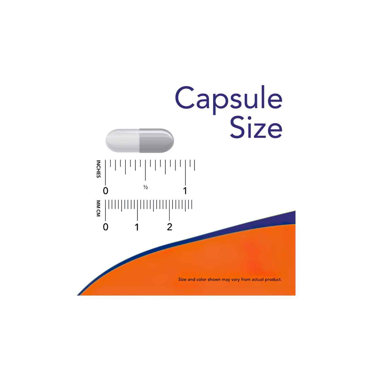 Una etiqueta naranja y azul con las palabras "tamaño cápsula" promocionando Now Foods N-Acetil Cisteína 600mg 100 cápsulas vegetales.