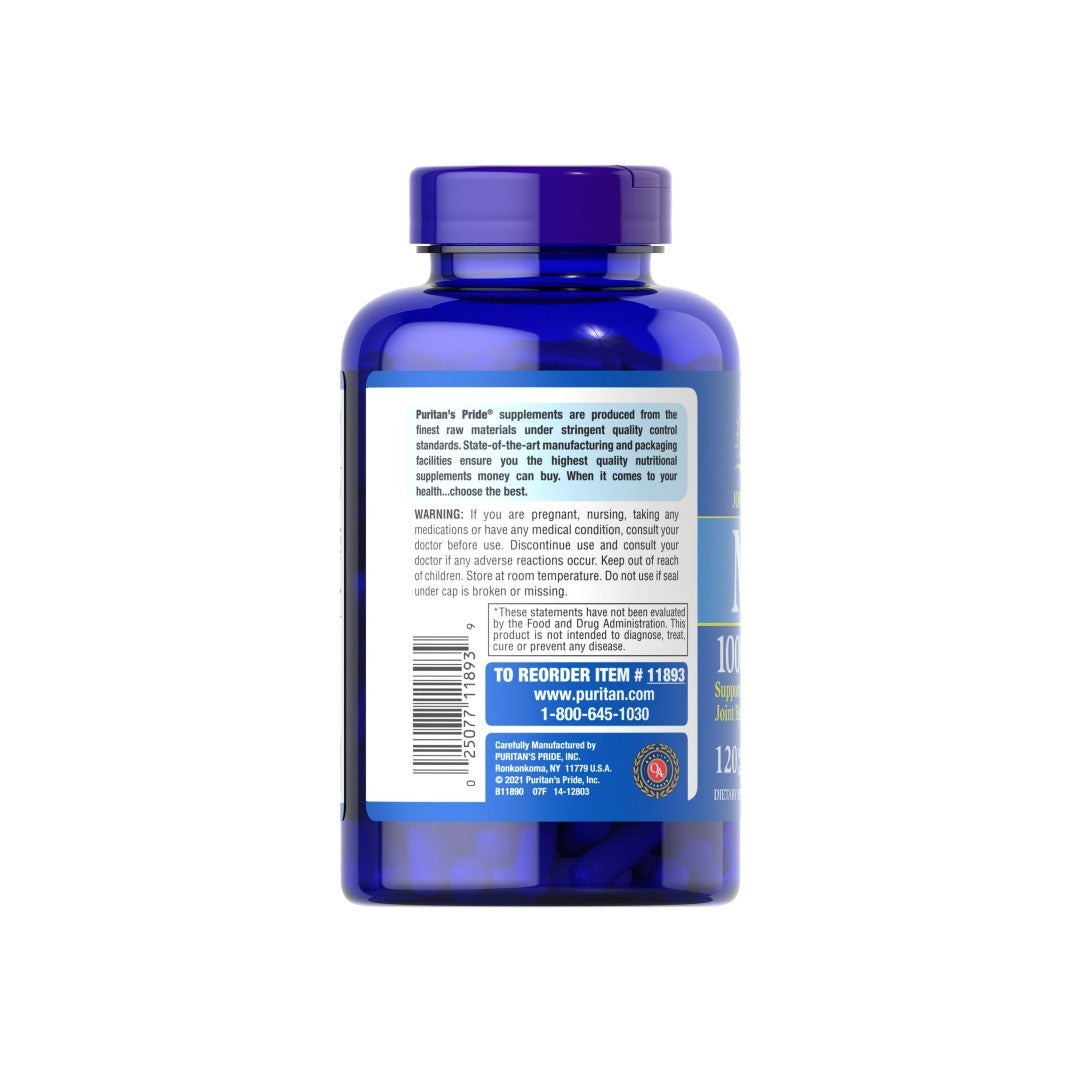 El reverso de un frasco de Puritan's Pride MSM 1000 mg 120 Cápsulas de liberación rápida, diseñadas para favorecer la salud del tejido conjuntivo y las articulaciones. Mejorado con MSM para mayores beneficios.