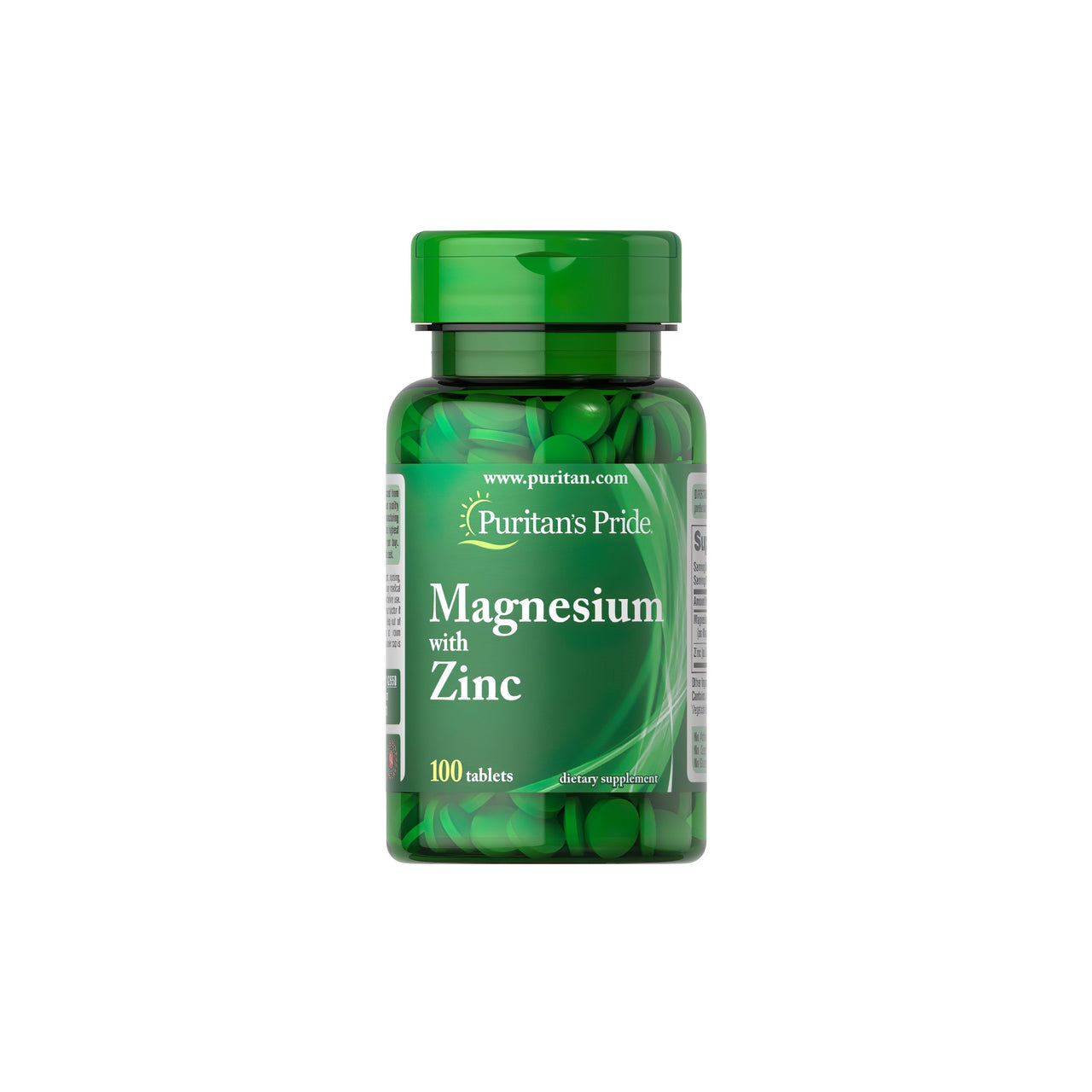 Un frasco de Puritan's Pride Magnesio con zinc 100 comprimidos.