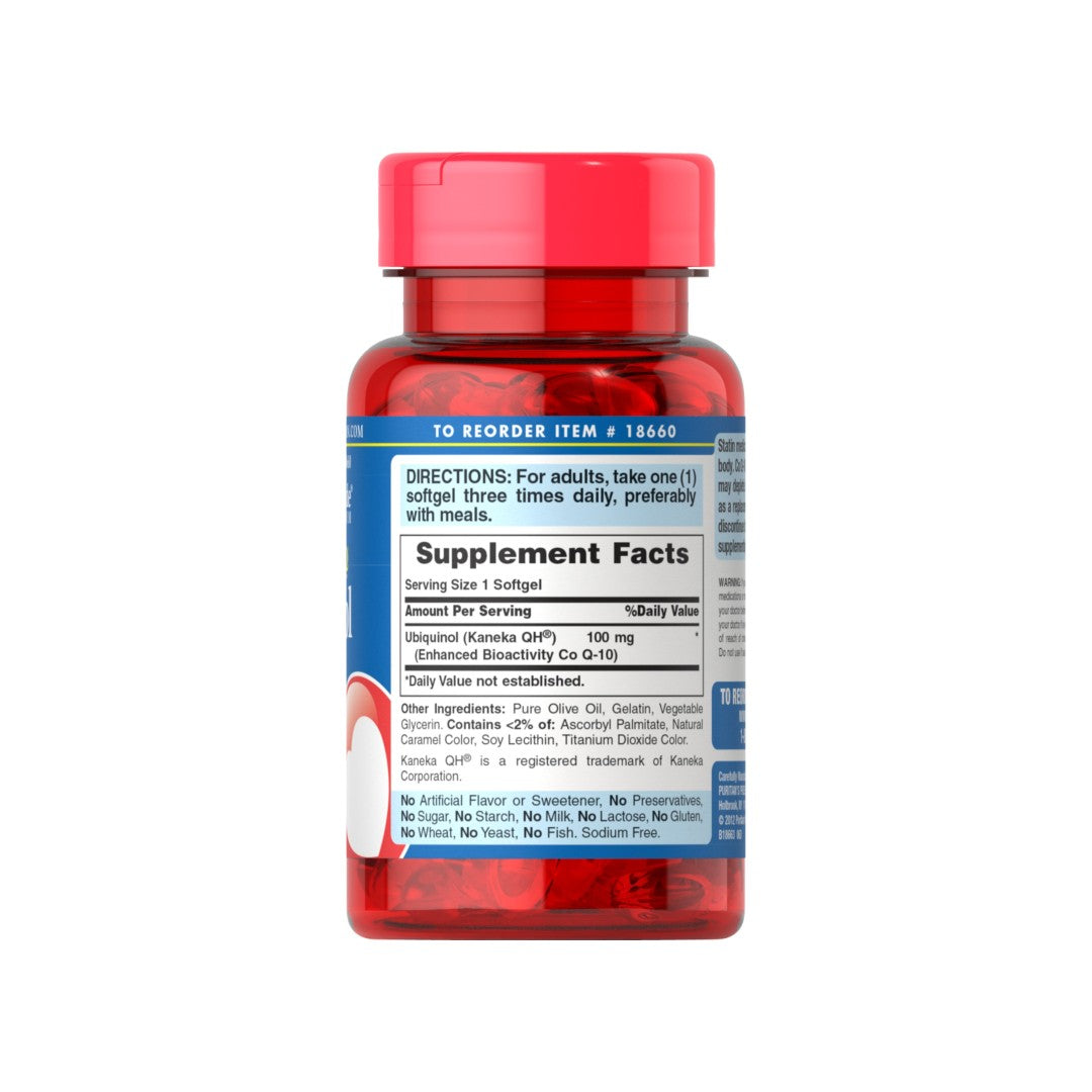 A bottle of Ubiquinol CoQ10 100 mg 60 Rapid Release Softgels, a supplement with a red label, by Puritan's Pride.