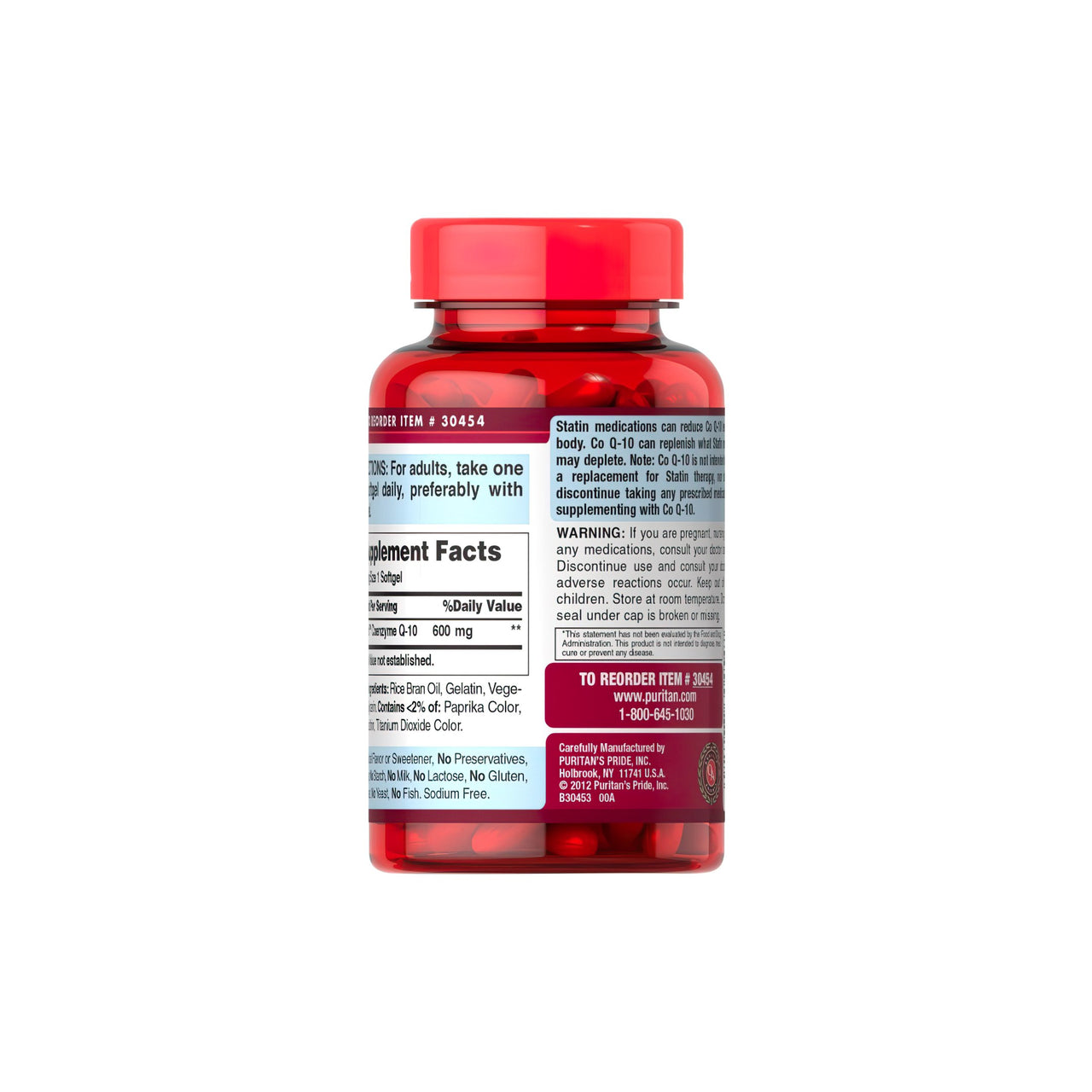 Un frasco de Coenzima Q10 600 mg 60 Cápsulas Blandas de Liberación Rápida Q-SORB™ con etiqueta roja de Puritan's Pride.