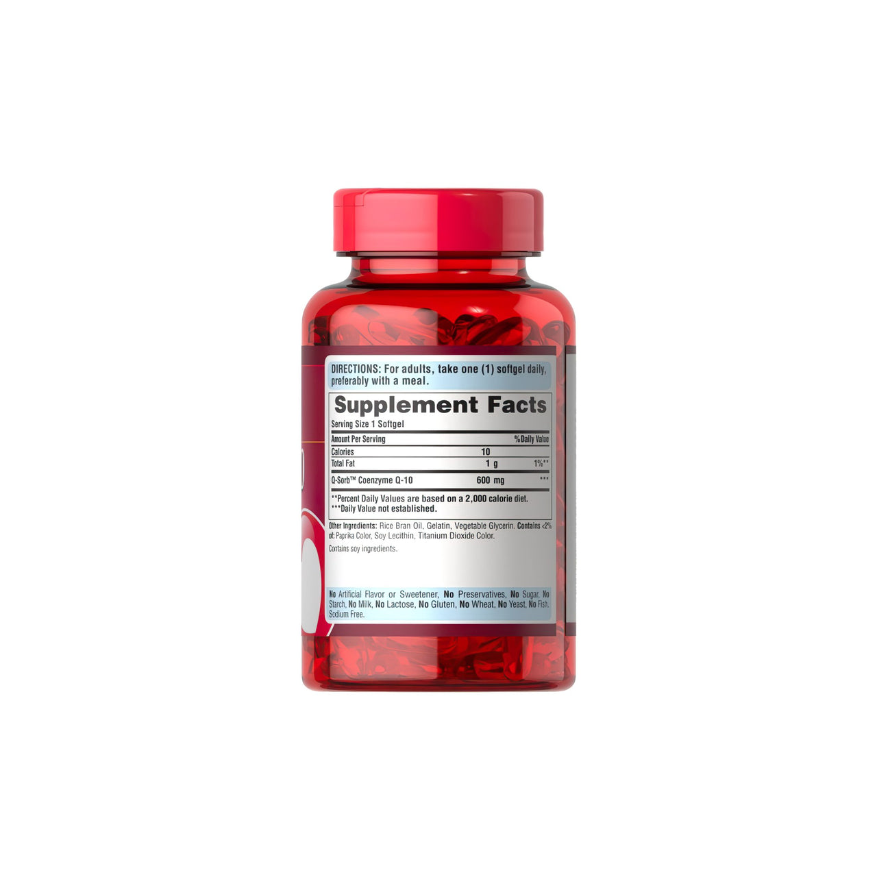 Un frasco de Coenzima Q10 600 mg 60 Cápsulas Blandas de Liberación Rápida Q-SORB™ suplementos de Puritan's Pride sobre fondo blanco.