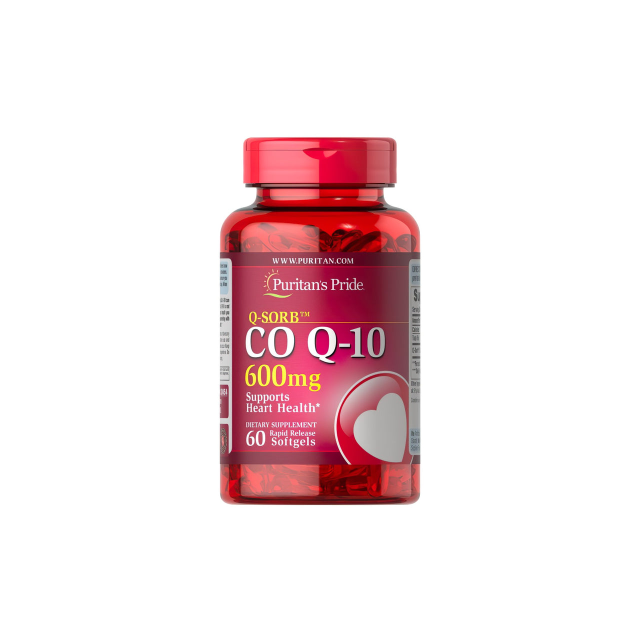 Un frasco de Coenzima Q10 600 mg 60 Cápsulas Blandas de Liberación Rápida Q-SORB™ con un corazón rojo. (Marca: Puritan's Pride)