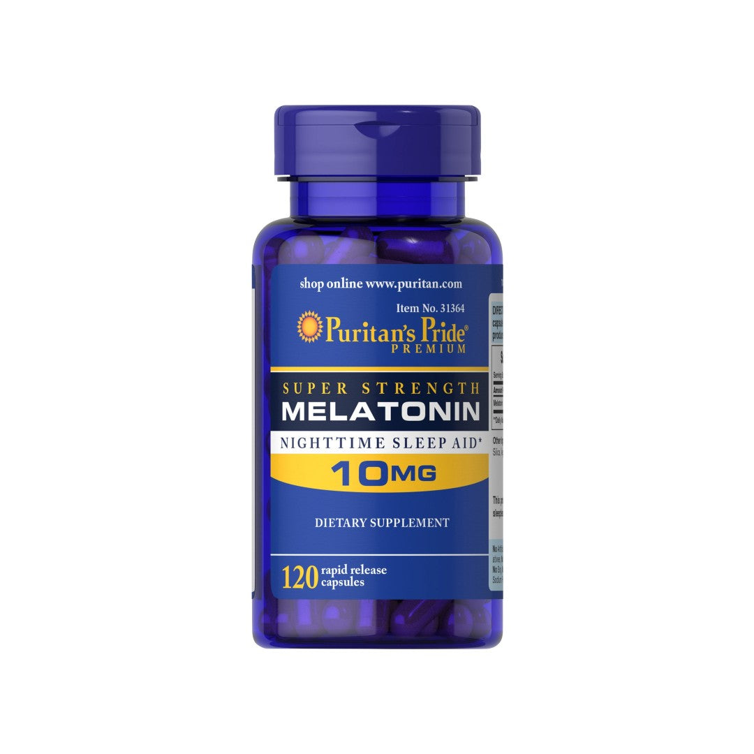 Un frasco de Puritan's Pride Melatonina 10 mg 120 cápsulas.