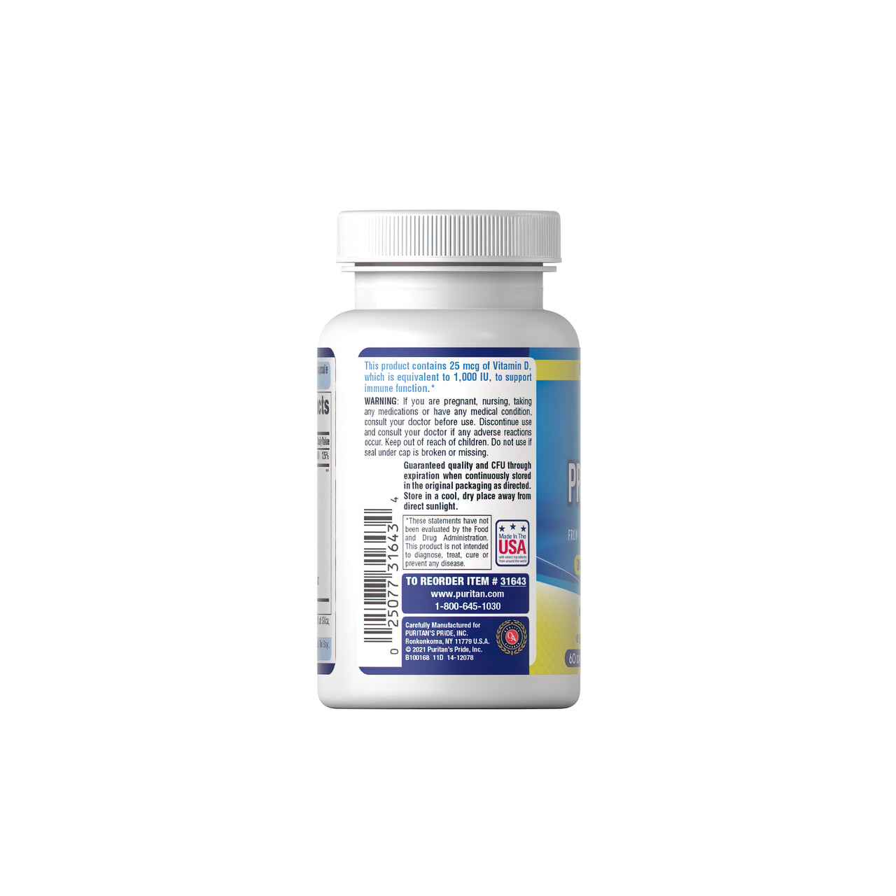 Un frasco de Probiotic 10 Plus Vitamin D3 1000 IU 60 caps, un potente refuerzo inmunitario, sobre fondo blanco. (Marca: Puritan's Pride)