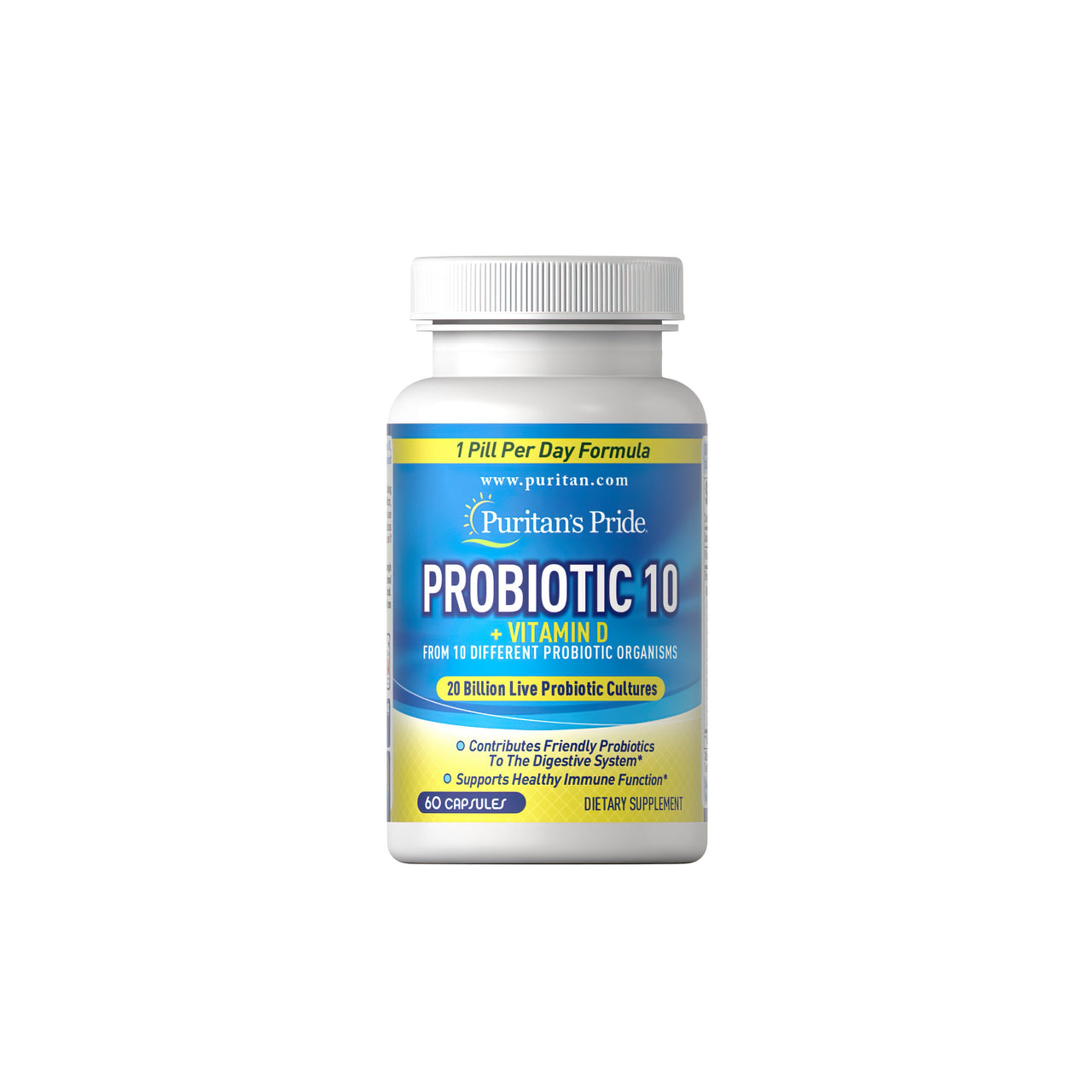 Un frasco de Probiótico 10 más Vitamina D3 1000 UI 60 cápsulas de Puritan's Pride.