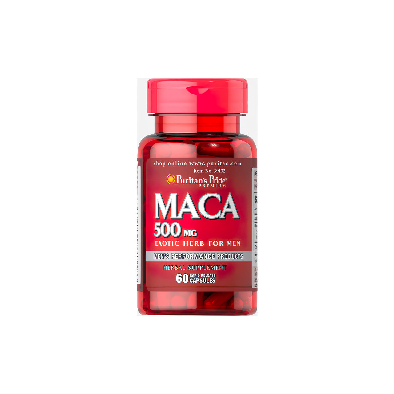 Un frasco de Puritan's Pride Maca 500 mg 60 Cápsulas de liberación rápida.