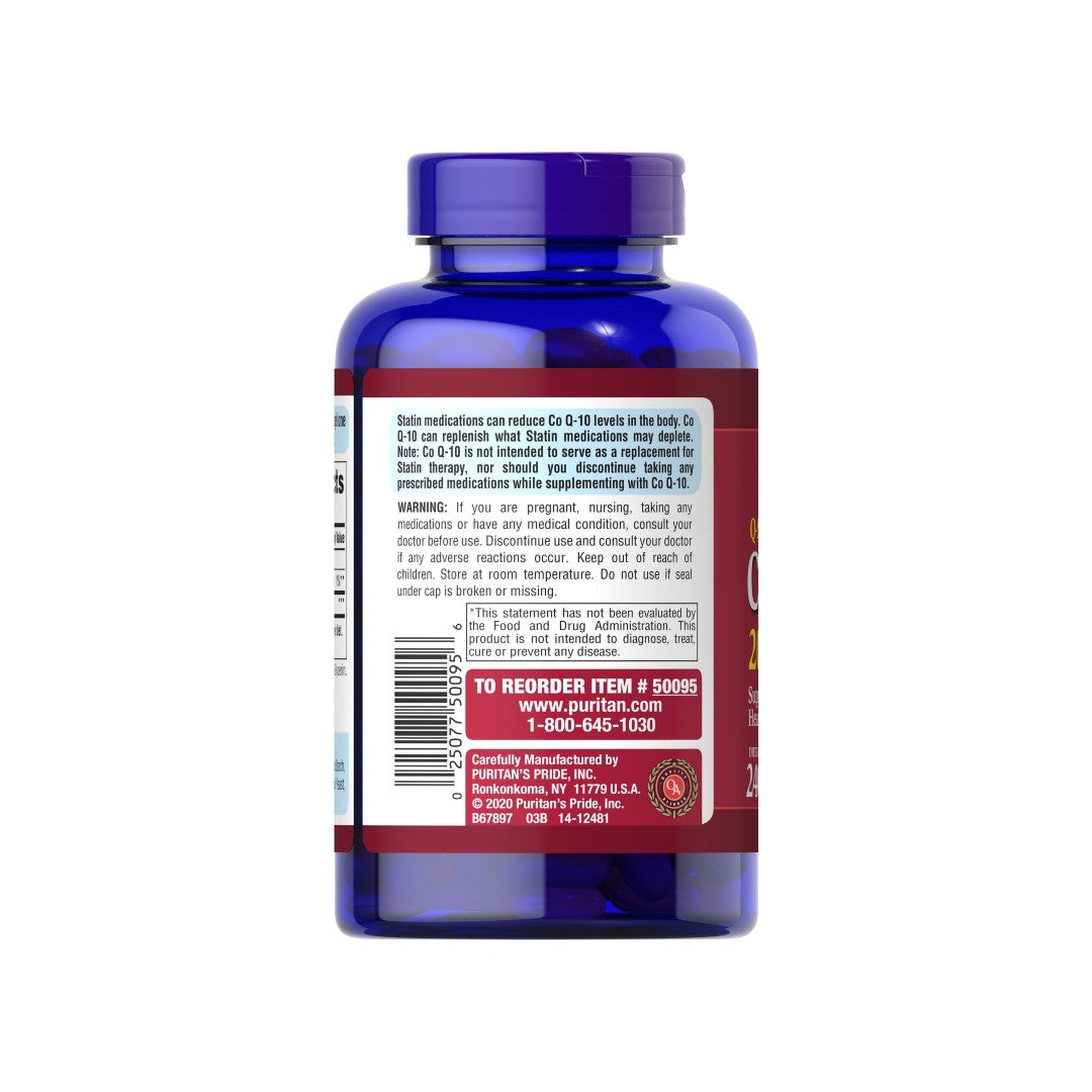 La parte posterior de una botella de Coenzima Q10 - 200 mg 240 cápsulas blandas de liberación rápida Q-SORB por Puritan's Pride.