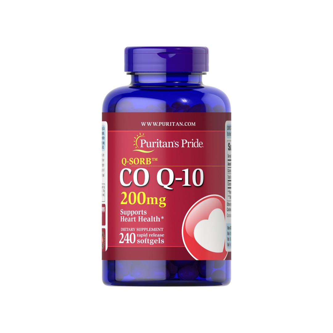 Un frasco de Coenzima Q10 - 200 mg 240 cápsulas blandas de liberación rápida Q-SORB de Puritan's Pride.