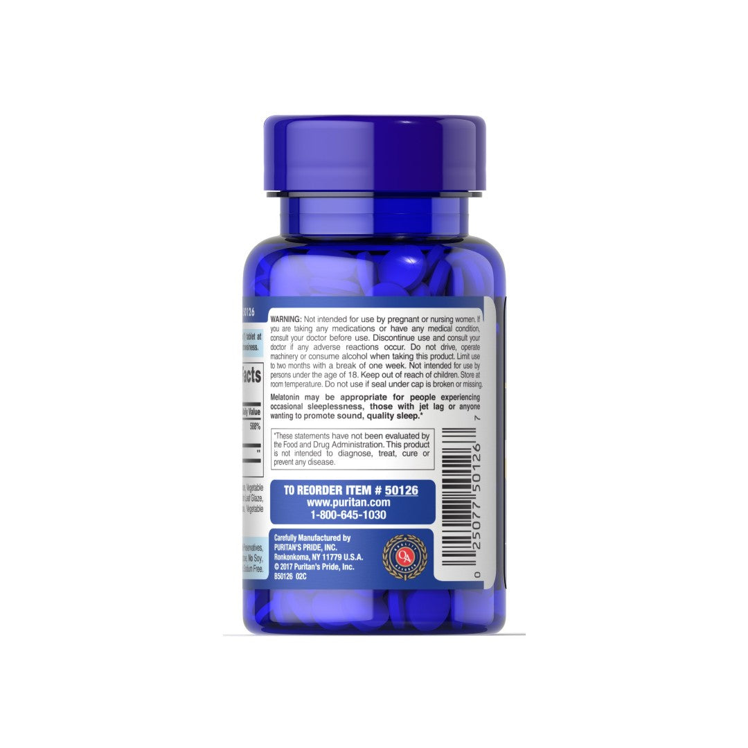 El reverso de un frasco azul de Puritan's Pride Melatonina 5 mg con B-6 120 Comprimidos de Liberación Prolongada.