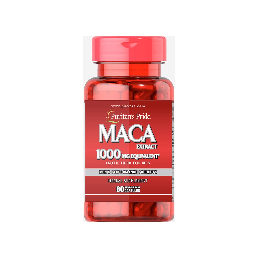 Un frasco de Puritan's Pride Maca 1000 mg 60 Cápsulas de liberación rápida.