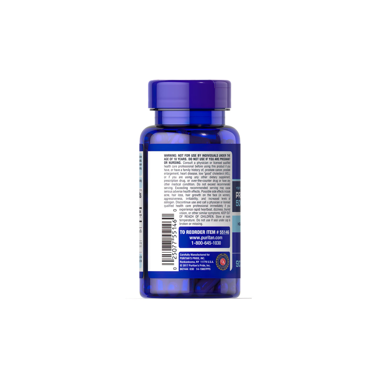 La parte posterior de un frasco azul con una etiqueta en la que aparecen las palabras clave "envejecimiento saludable" y "régimen de envejecimiento" es la Pregnenolona 50 mg 90 Cápsulas de Liberación Rápida de Puritan's Pride.