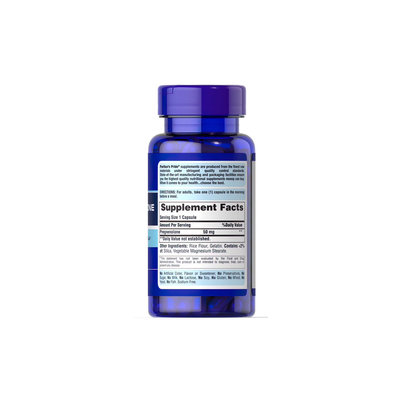 Un frasco de Puritan's Pride Pregnenolona 50 mg 90 Cápsulas de liberación rápida para un régimen de envejecimiento saludable sobre fondo blanco.
