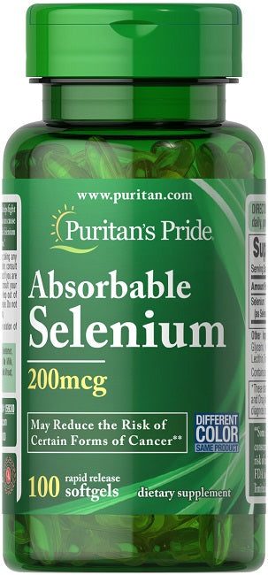 Un frasco de Puritan's Pride Selenio absorbible 200 mcg 100 cápsulas blandas de liberación rápida.