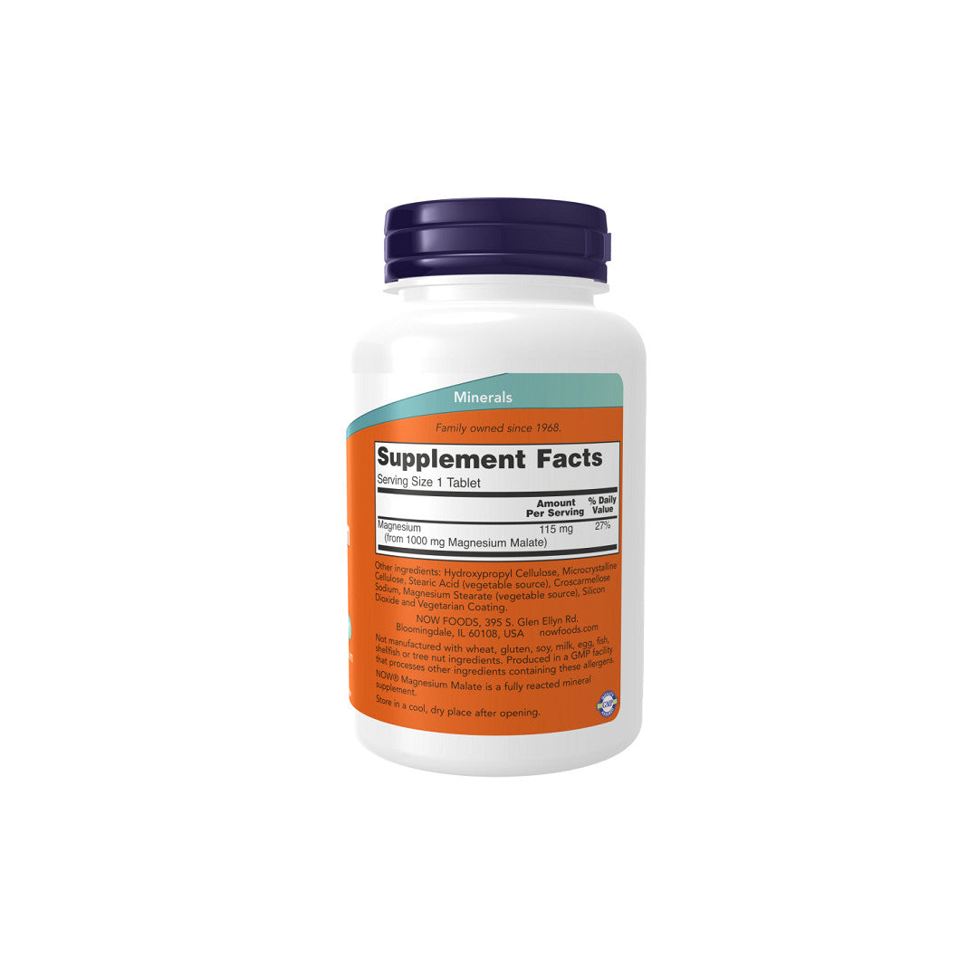 Un frasco de Now Foods Suplemento de Malato de Magnesio 1000 mg 180 comprimidos sobre fondo blanco.