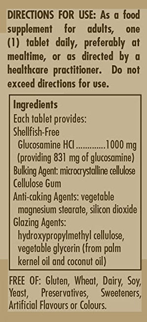 Etiqueta de Solgar's Clorhidrato de glucosamina 1000 mg 60 comprimidos que contiene una lista de ingredientes.