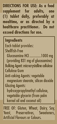 Miniatura de una etiqueta de Solgar's Clorhidrato de glucosamina 1000 mg 60 comprimidos que contiene una lista de ingredientes.