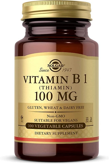 Solgar Vitamin B1 (Thiamin) 100 mg 100 Vegetable Capsules, essential for optimal mental and physical health.