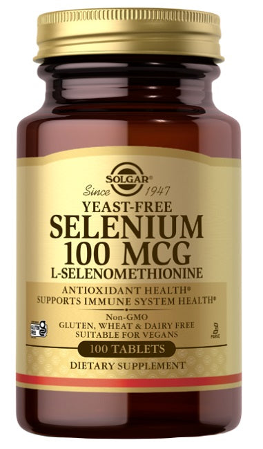Un frasco de Solgar Selenio 100 mcg 100 comprimidos L-Selenometionina, que actúa como antioxidante para la función del sistema inmunitario y ayuda a combatir el estrés.