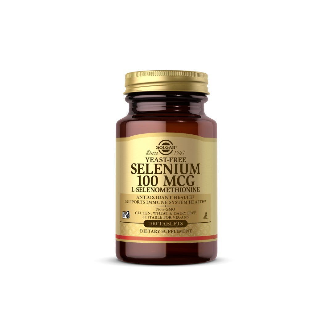 Un frasco de Solgar Selenio 100 mcg 100 comprimidos L-Selenometionina, un antioxidante que refuerza el sistema inmunitario.