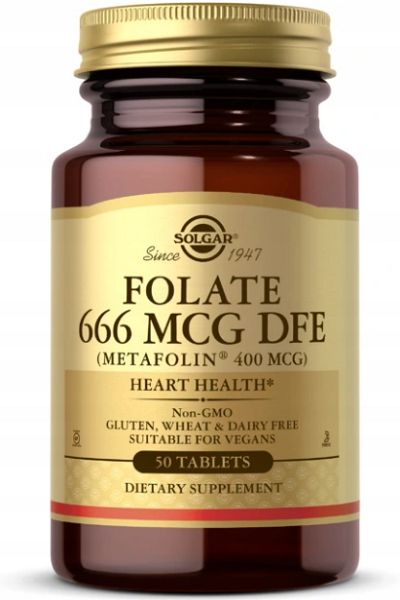 A bottle of Solgar Folate 666 mcg DFE (Metafolin 400 mcg), containing 50 tablets, is available in brown. These tablets are non-GMO and free from gluten, wheat, and dairy, making them an excellent vegan-friendly option. They feature L-methylfolate, which makes them ideal for prenatal vitamins and supports heart health.