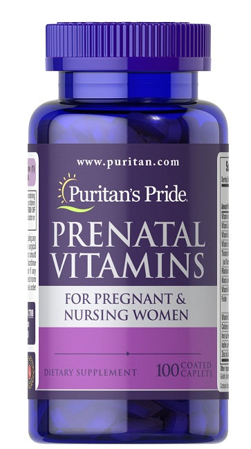 Puritan's Pride Vitaminas prenatales 100 cápsulas recubiertas diseñadas para mujeres embarazadas y lactantes, enriquecidas con ácido fólico.