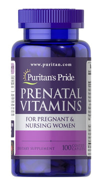 Miniatura de Puritan's Pride Vitaminas prenatales 100 Cápsulas recubiertas diseñadas para mujeres embarazadas y lactantes, enriquecidas con ácido fólico.